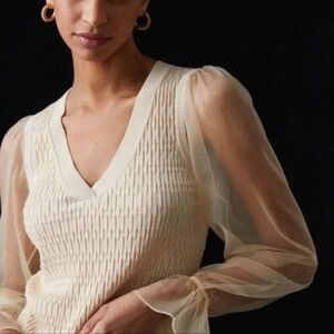 Maeve Beige Sweater with Sheer Sleeves